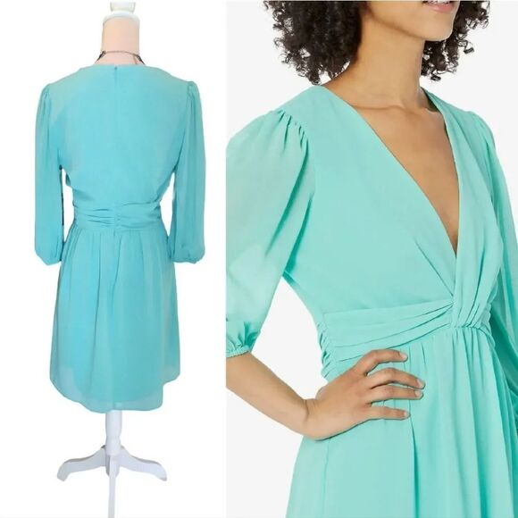 Vince Camuto Turquoise Chiffon Twist Front Balloon Sleeve Dress Size 4 NWT - Picture 7 of 12